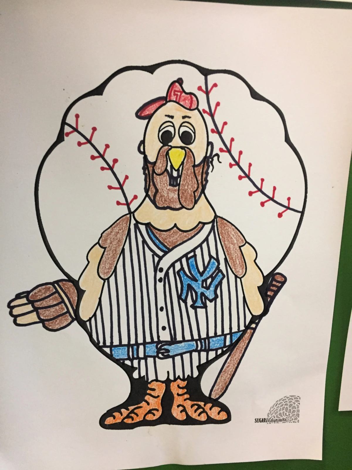 Colored Turkey In Disguise as a New York Yankees Baseball Player with a baseball as the feathers.