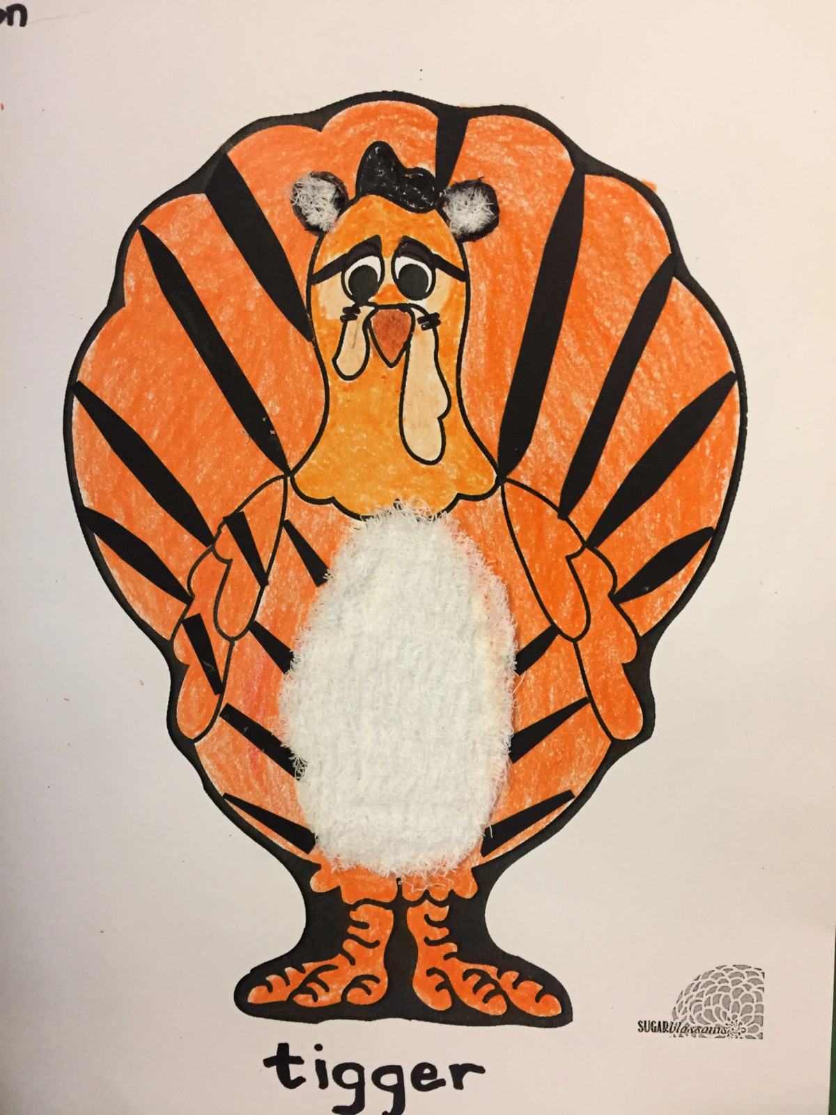 Paper Turkey In Disguise colored as Tigger with a furry belly and ears.