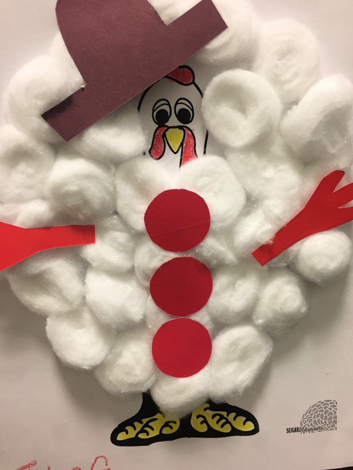 Turkey In Disguise as a Snowman filled with white cotton balls, red card stock for buttons and hands.