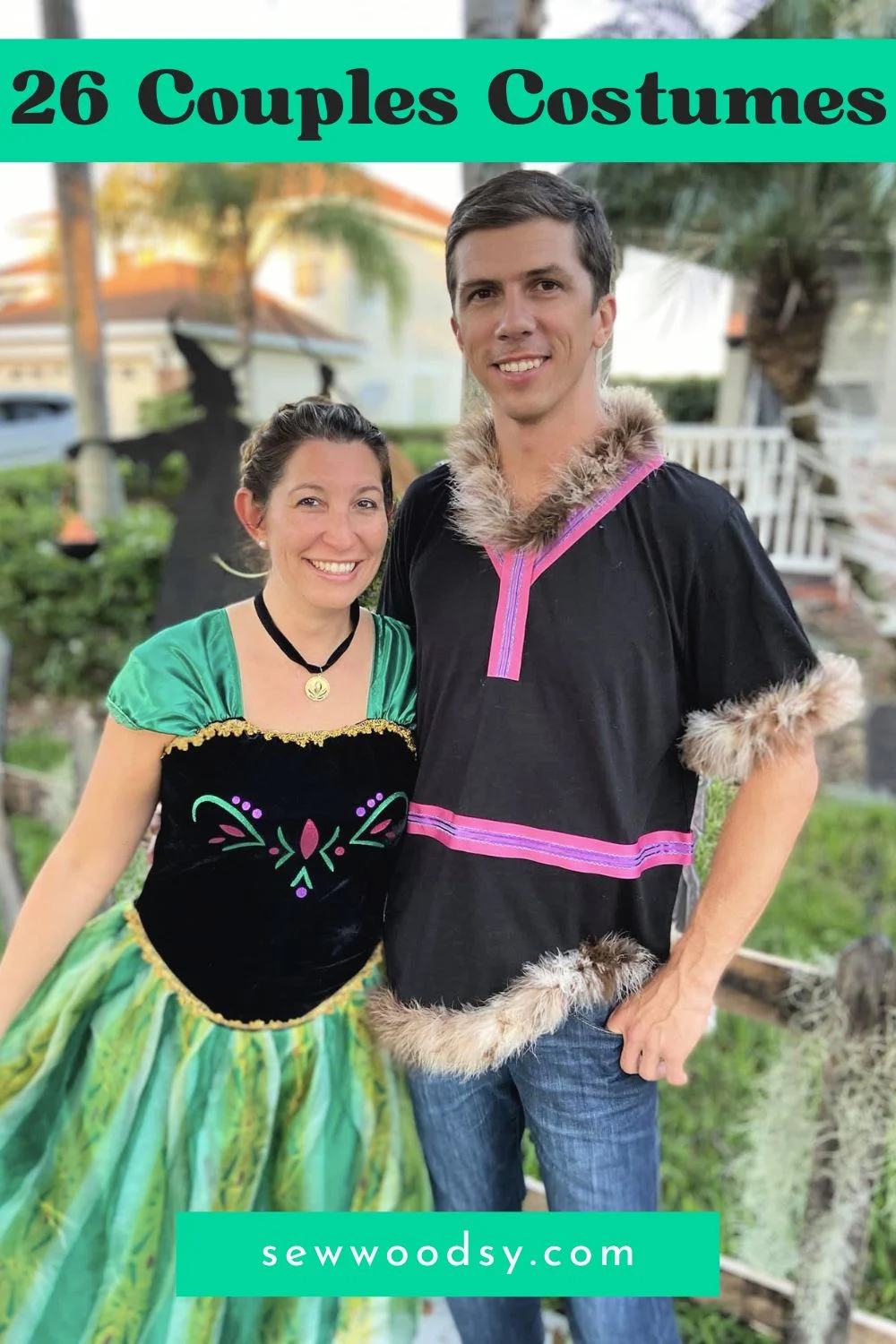 Female in an Anna Costume and Male in a Kristoff costume with text on image for Pinterest.