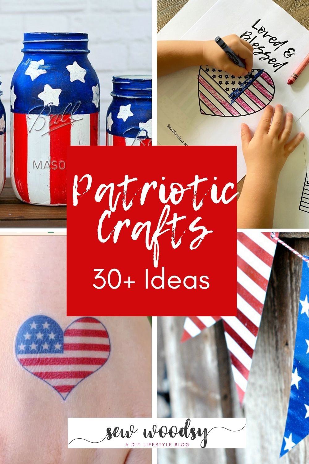 Four photos of various patriotic crafts with post title in the middle for Pinterest.