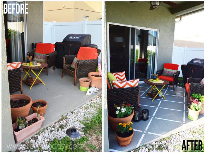 Before and after patio pictures with after having painted patio pattern.