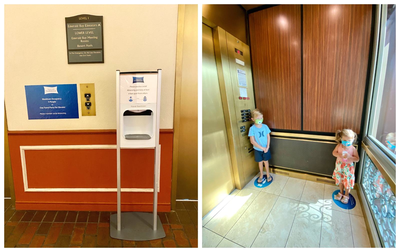 Two photo split of hand sanitizer and kids standing on circles in an elevator.