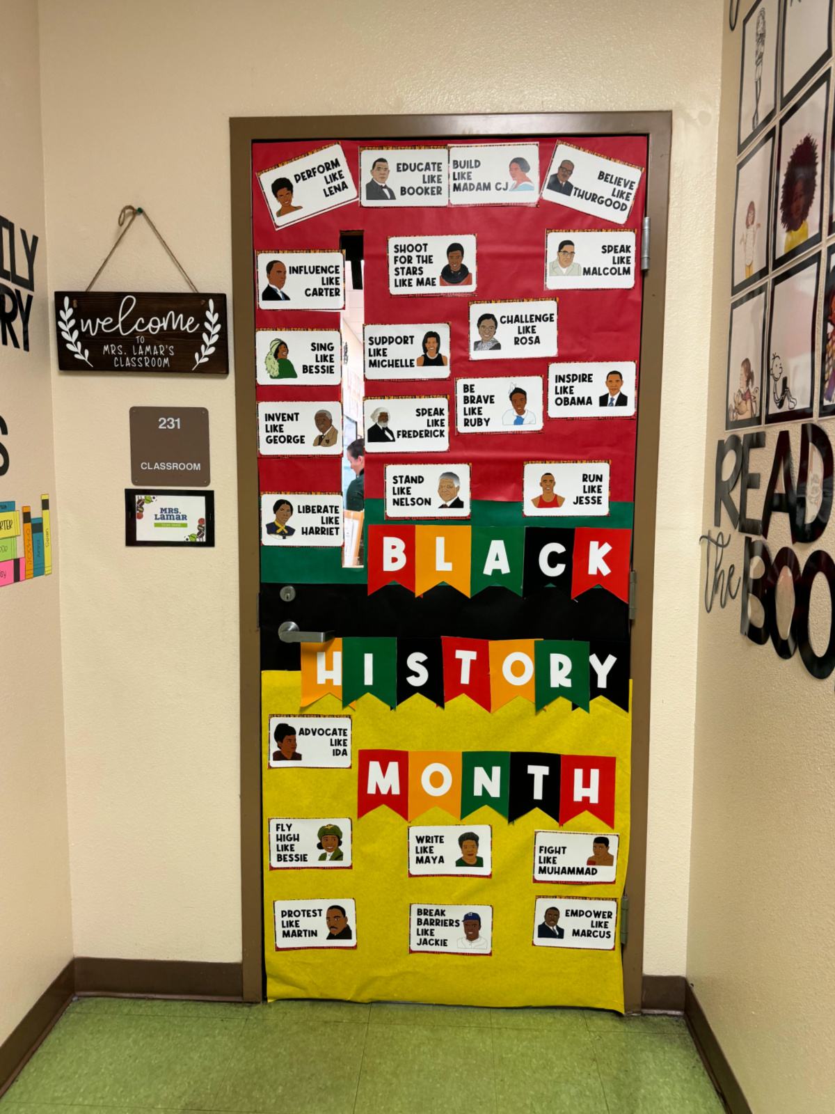 Red, black, and yellow door with photos of influential African Americans.