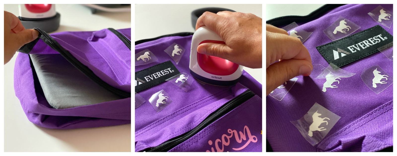 Steps for adding on the little unicorns to the book bag.