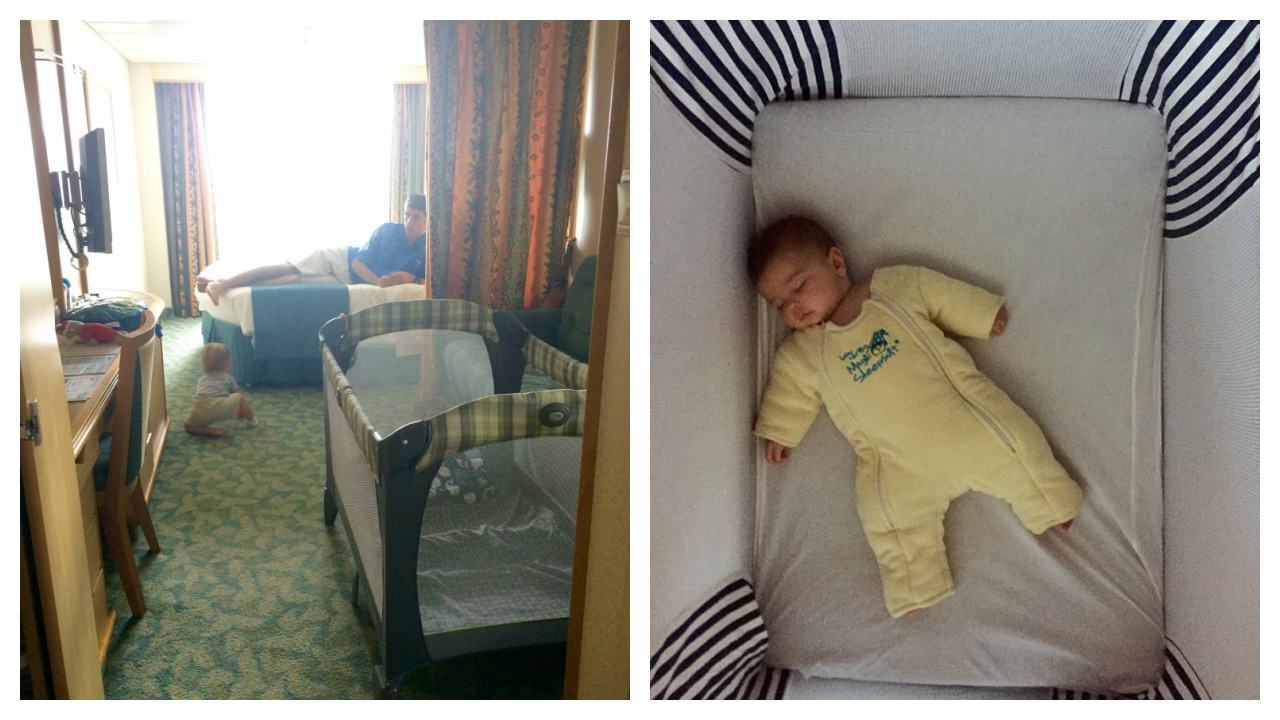 pack and play in a cruise ship room and another photo of a baby sleeping.