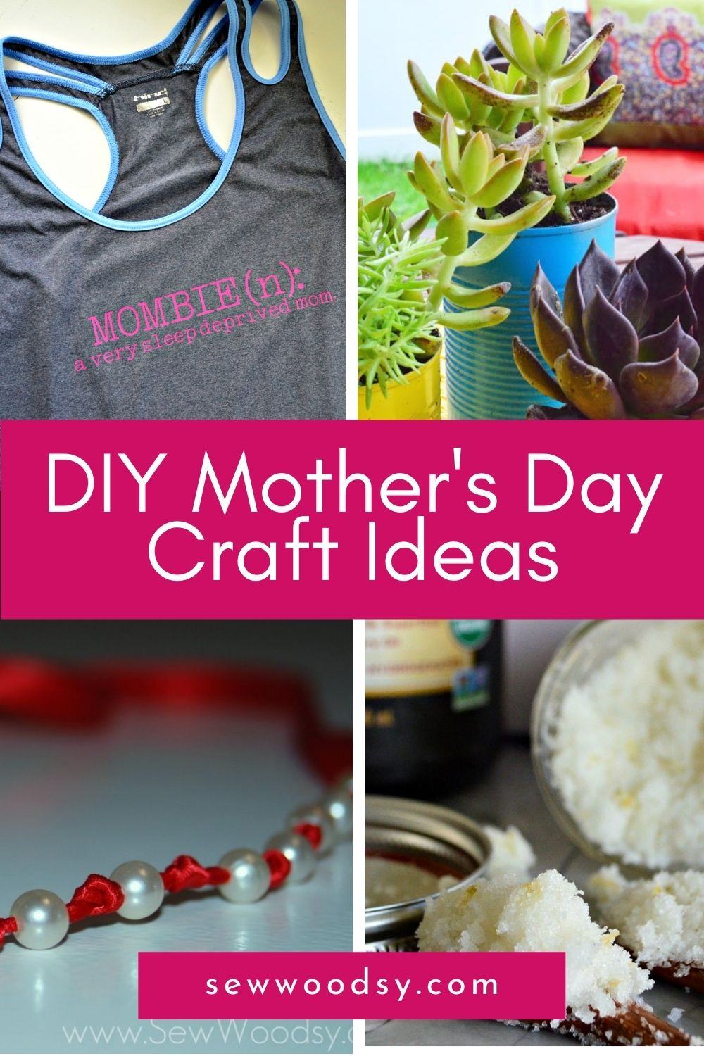 Four photos; tank top, succulent plant, pearl necklace, and sugar scrub with text on photo for Pinterest.