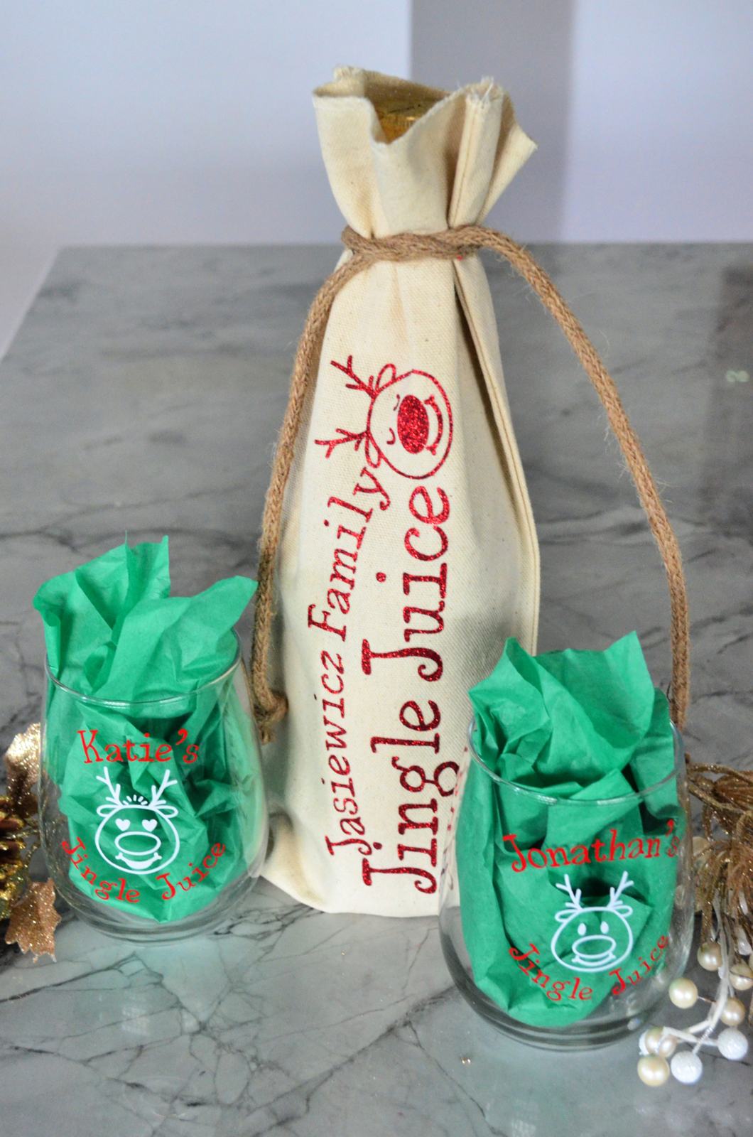 DIY Personalized Jingle Juice Holiday Gift Wine Bag & Glasses
