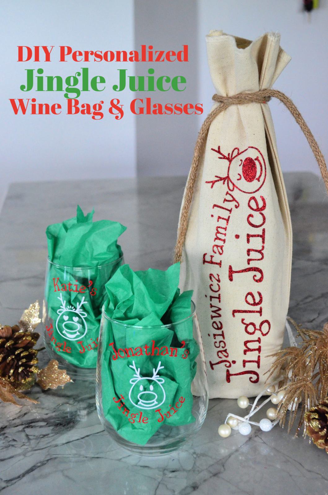 DIY Personalized Jingle Juice Wine Bag & Glasses using the Cricut Explore Air 2