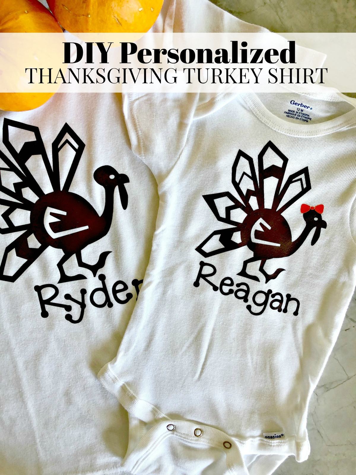 Top view of two turkey shirts with names underneath them with title of post on image for Pinterest.