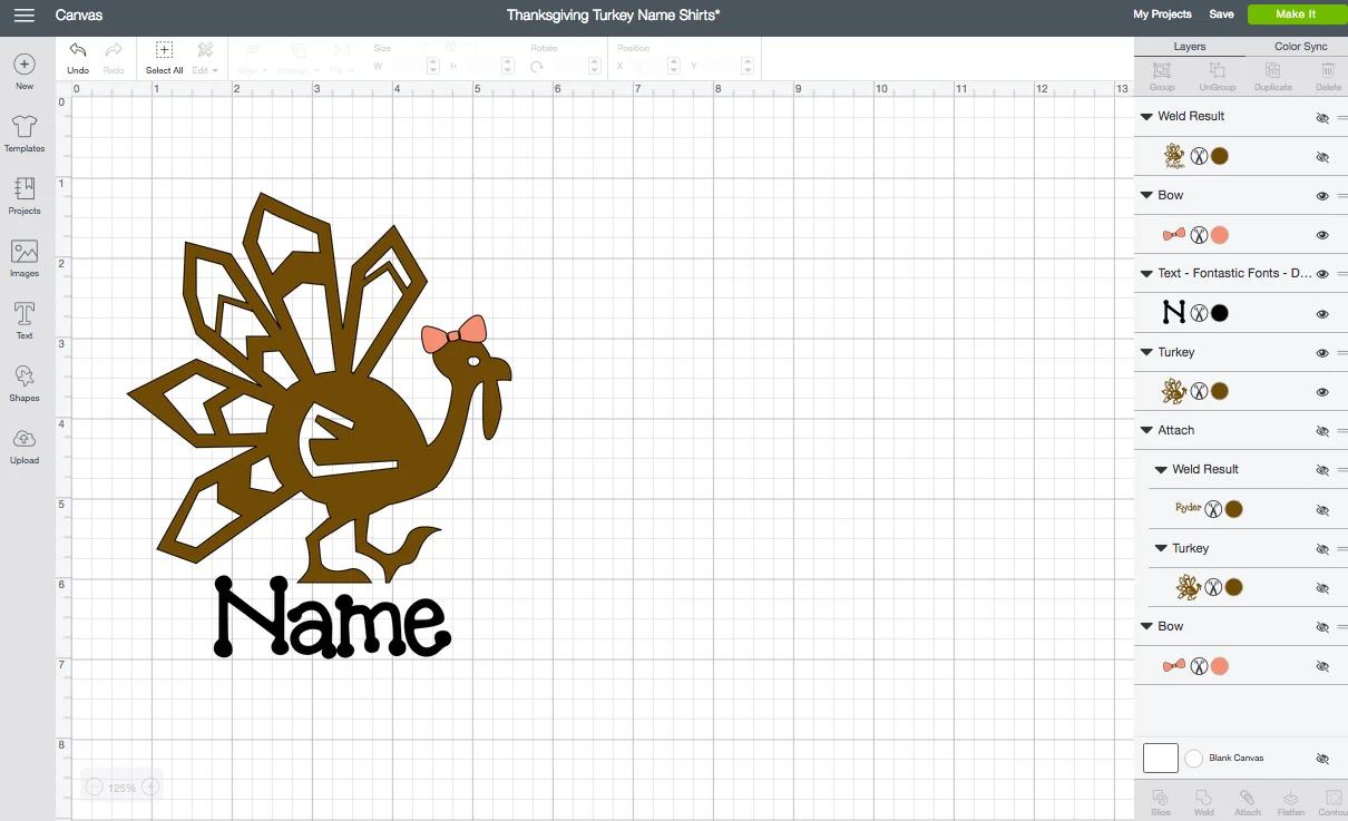 Screen shot of Cricut Design Space dashboard with turkey design and name.