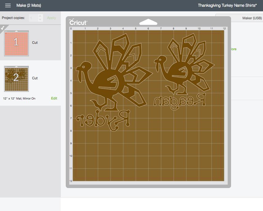 Screen shot of Cricut Design Space turkey with name design.