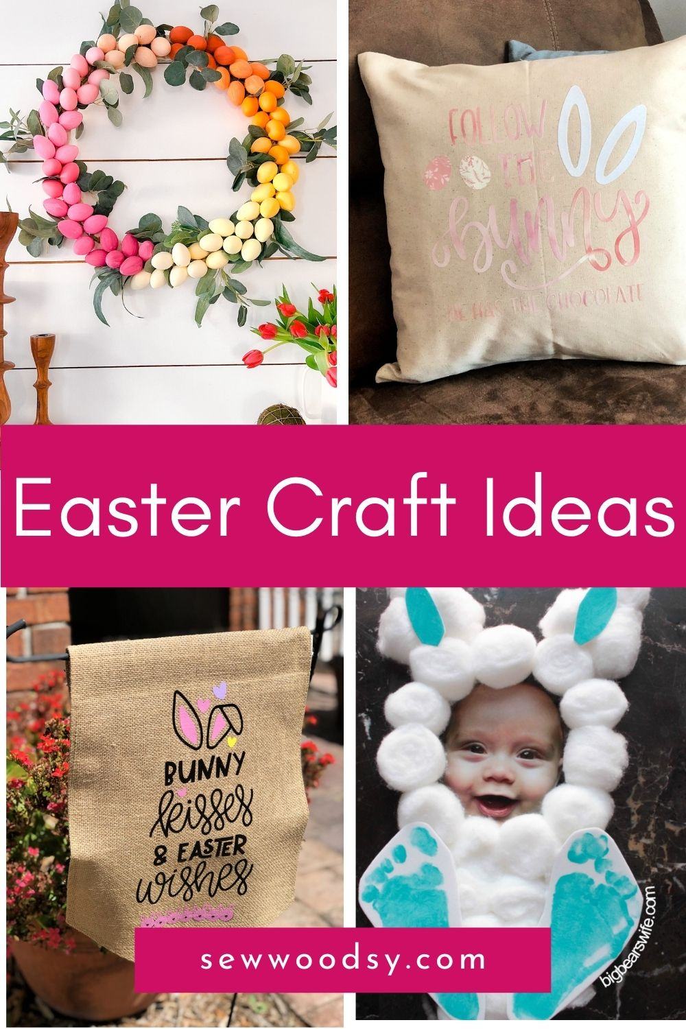 Four photos; wreath, pillow cover, garden flag, and bunny photo in a collage with text.