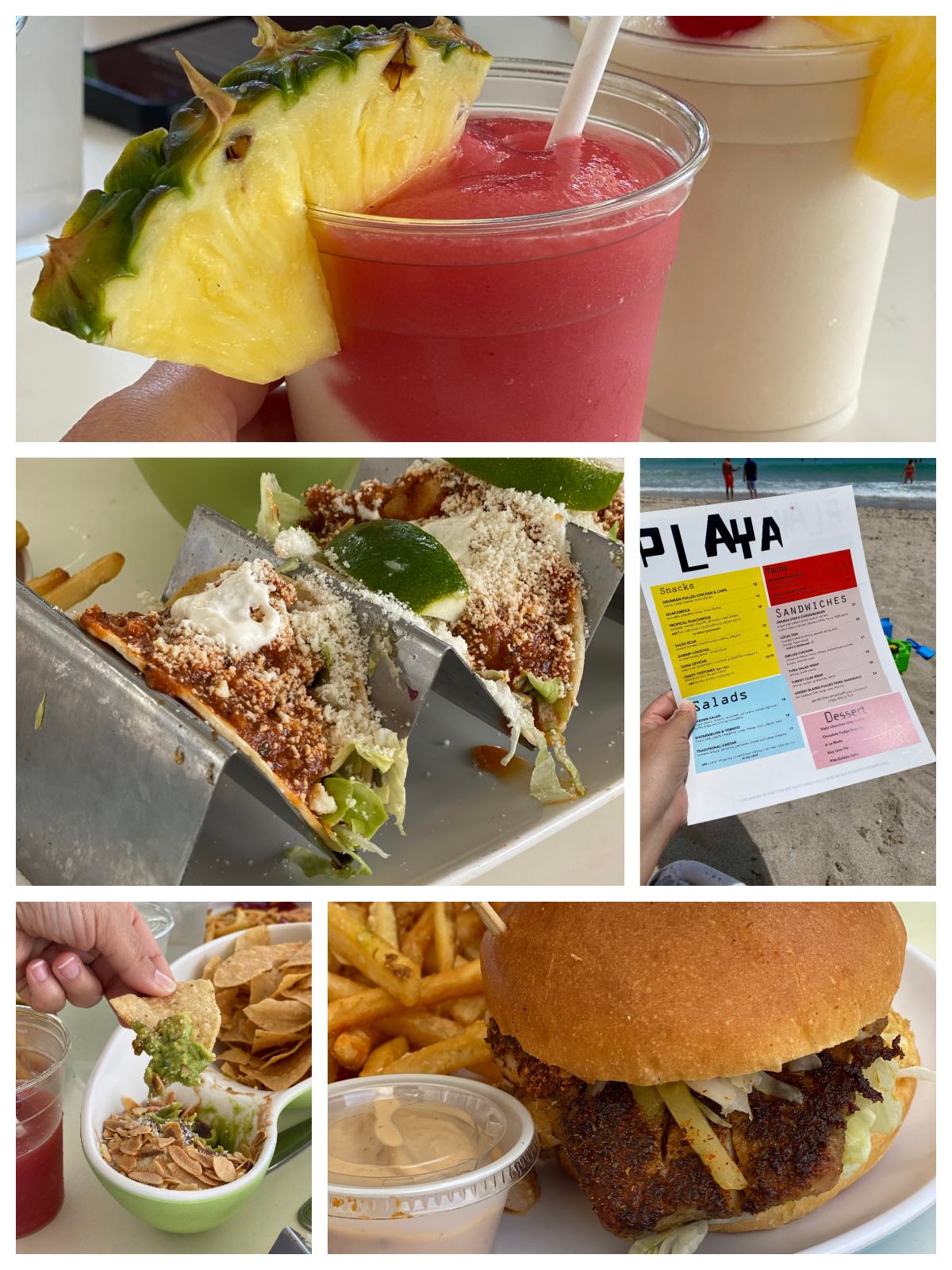 pina coladas, tacos, guacamole and chips, a fish sandwich and menu.