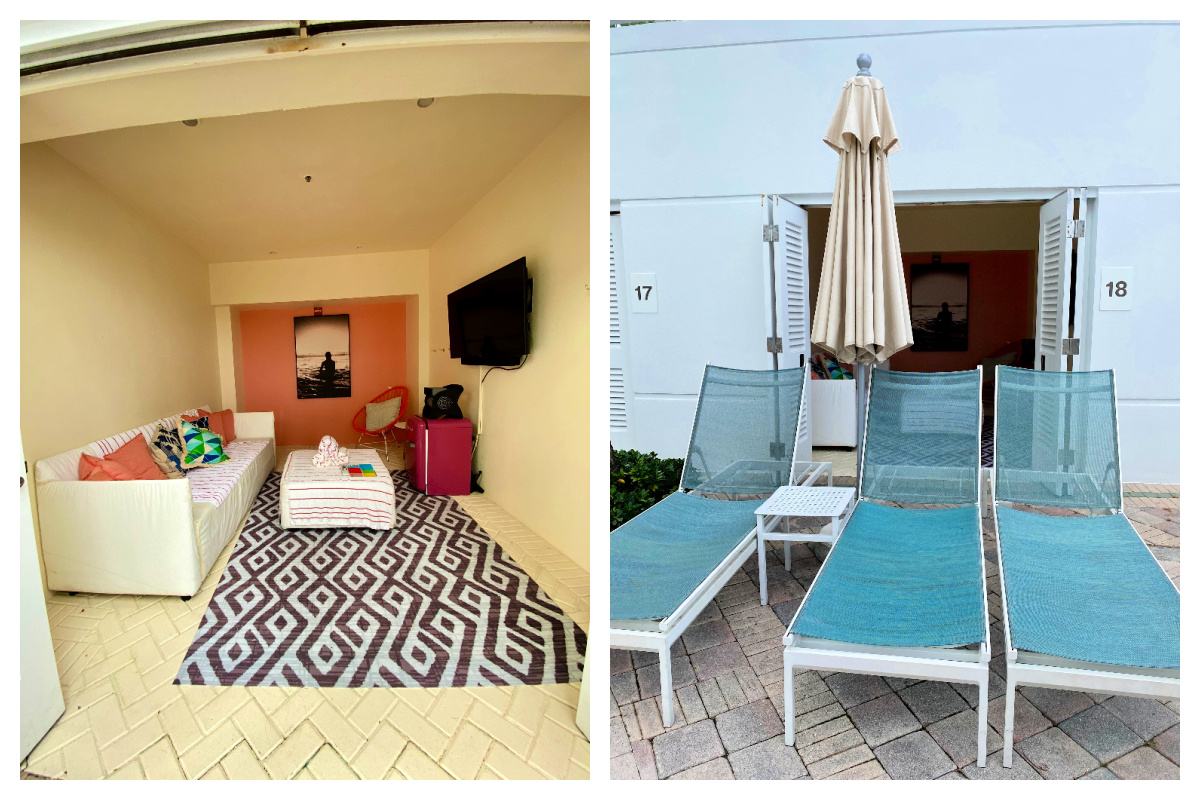 Cabana with couch, tv, and refrigerator with lounge chairs up front.