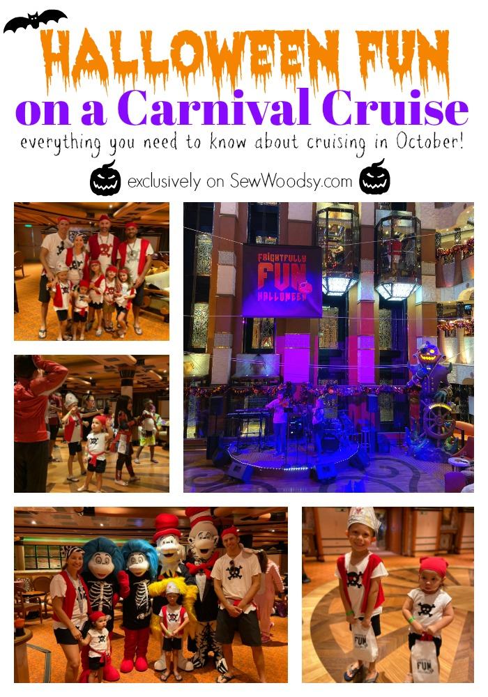 Collage of decor and activities on a Halloween Carnival Cruise.