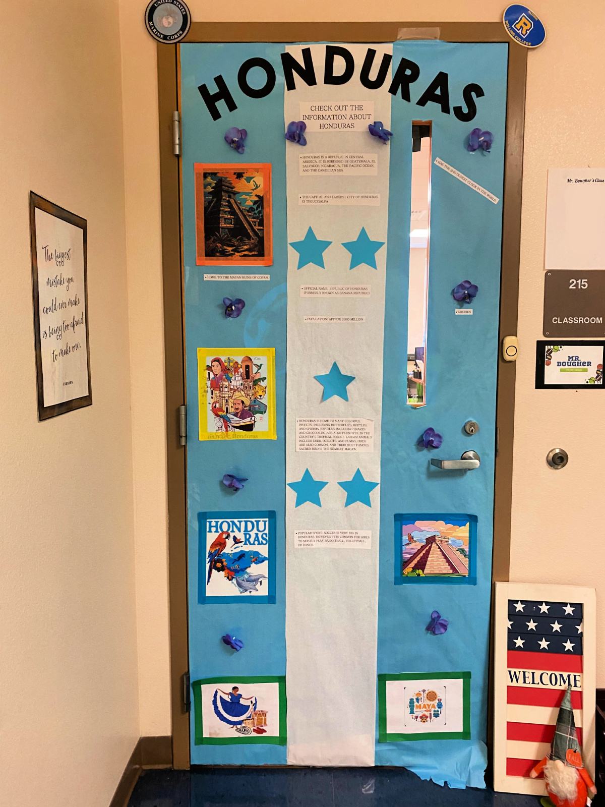 Classroom door with the Honduras flag and facts about the country.