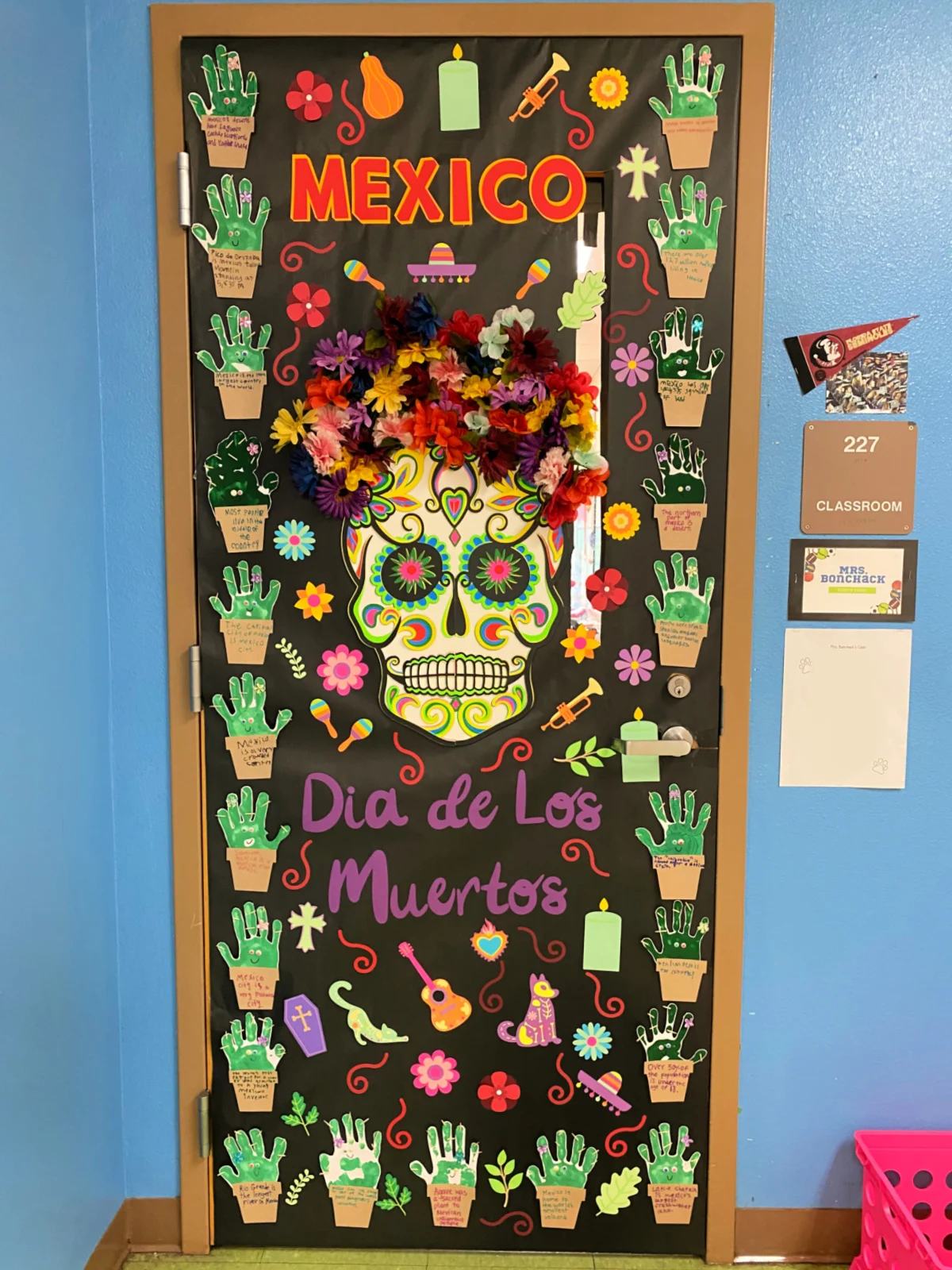 Black paper door with a sugar skull that says Mexico Dia de Los Muertos.