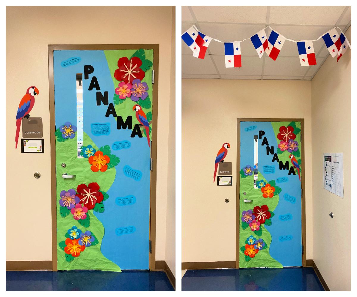 Blue paper door with the word "Panama" with facts in the ocean and greenery and hibiscus flowers on the sides.