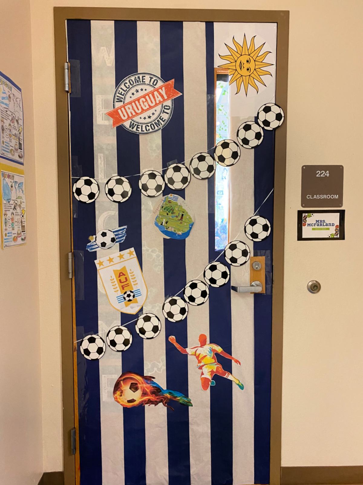 Blue and white striped door that says Welcome to Uruguay with soccer ball banner.