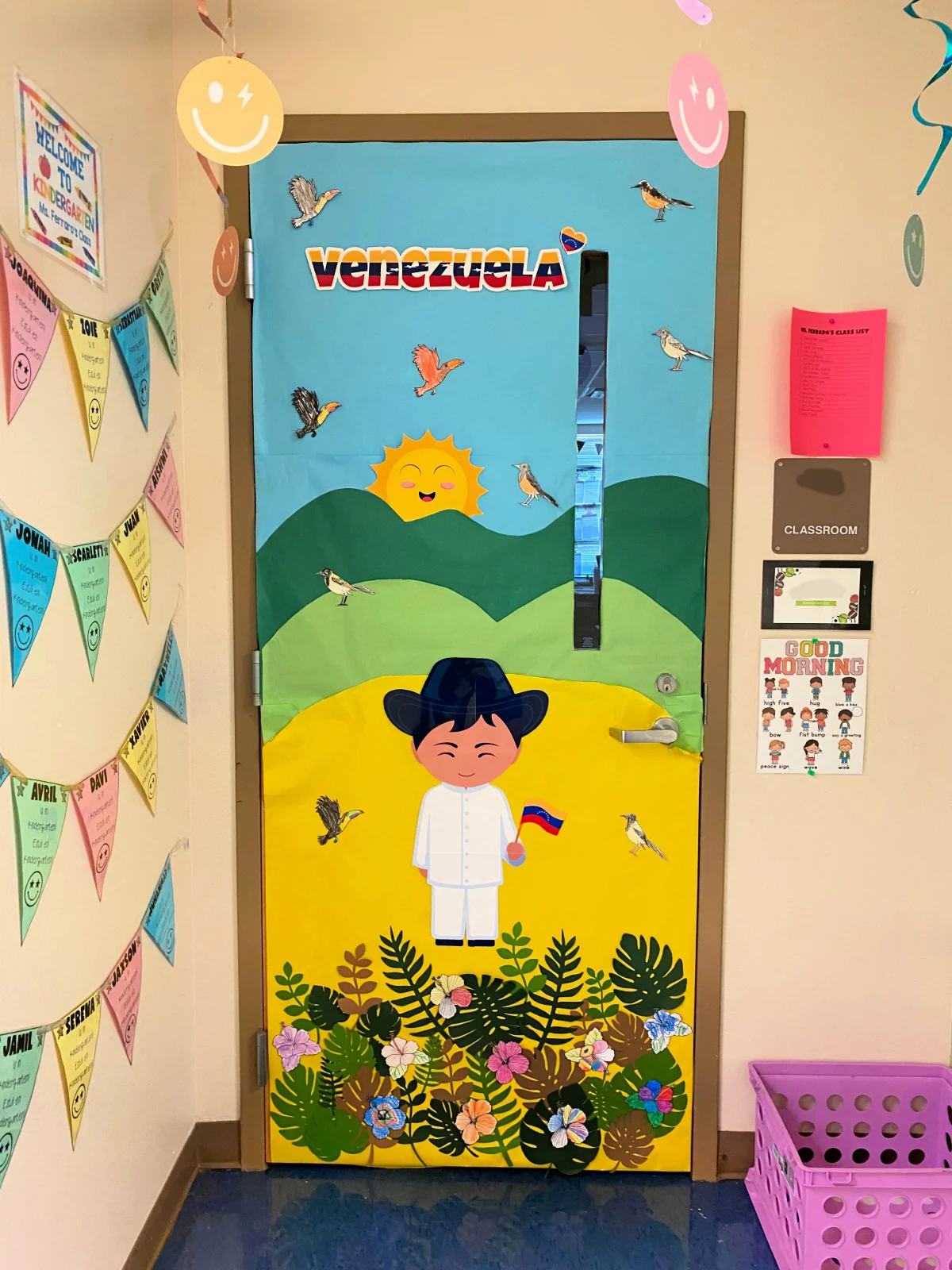 Mountainside paper door with a boy holding a Venezuelan flag.