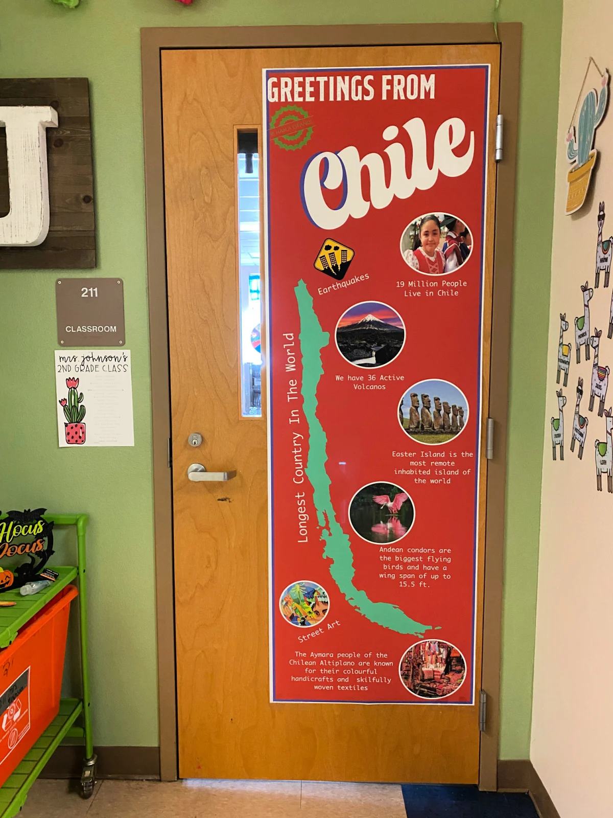 Classroom door with a red banner that says Greetings from Chile.
