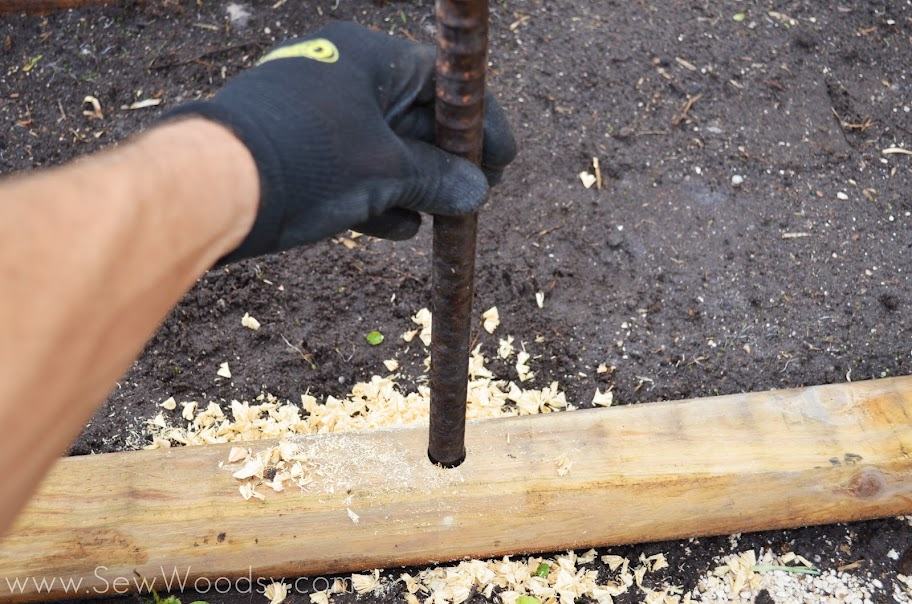 Hand with a black glove placing rebar into wood hole.