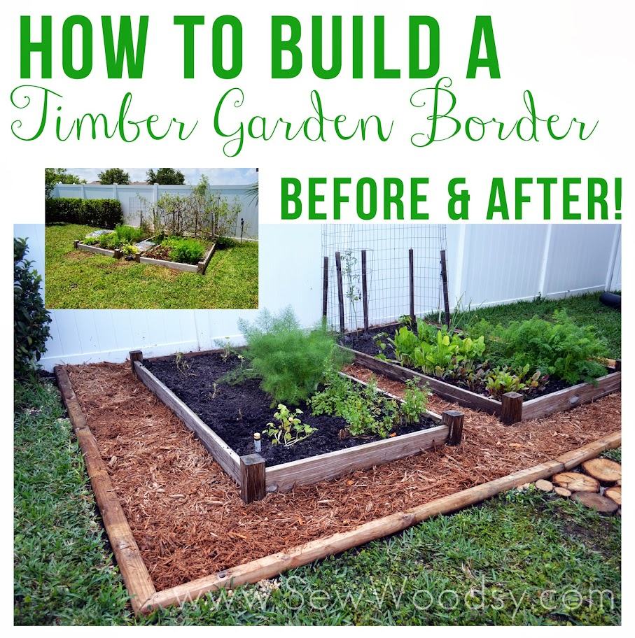 Before and after photos of a garden bed with text on image for Pinterest.