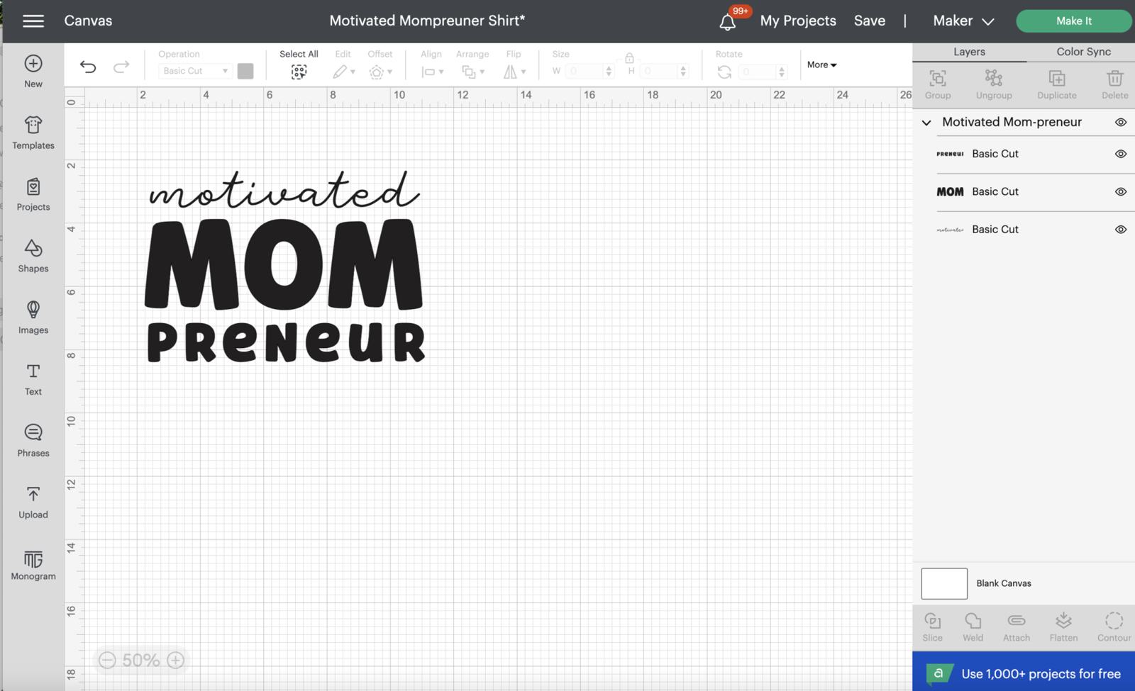 Screenshot with design on Cricut Design Space