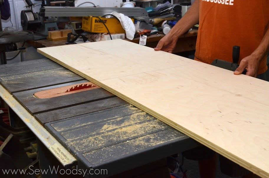 Cutting plywood on the table saw for kitchen island shelf