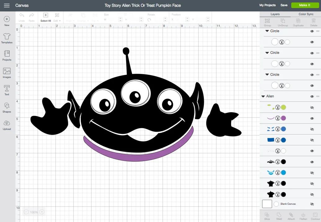 Toy Story Alien Trick or Treat Bucket Screenshot from Cricut Design Space