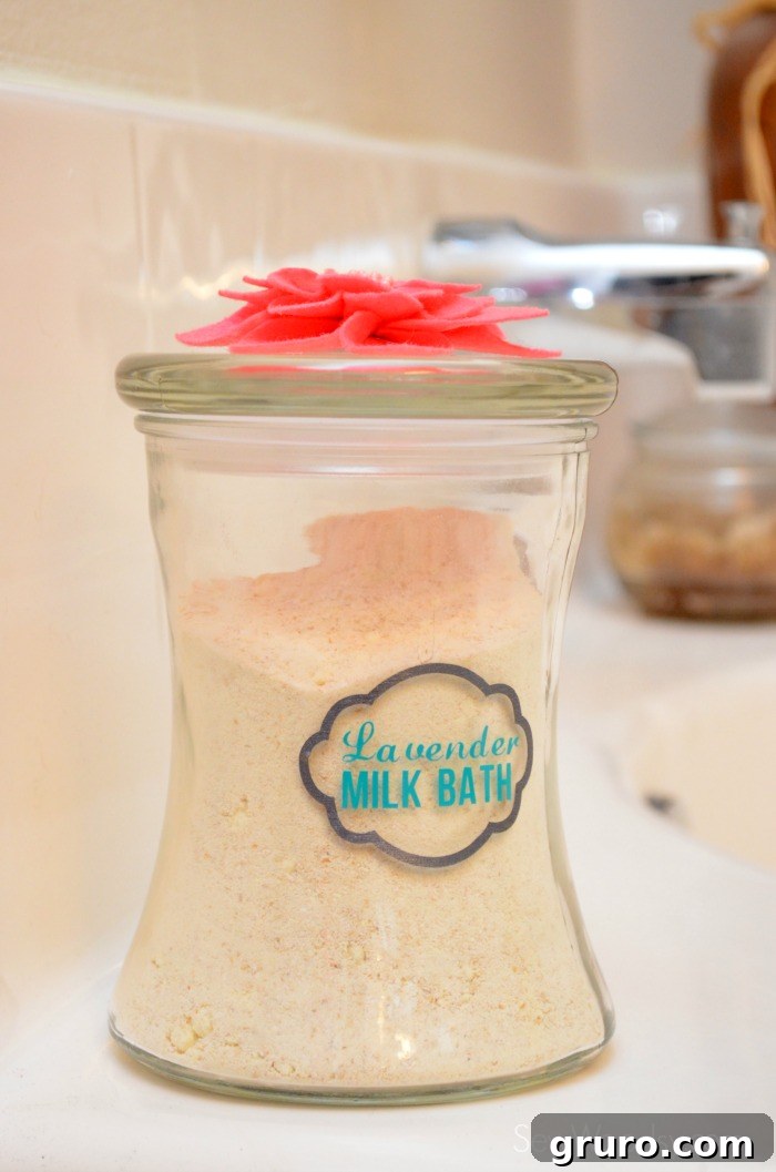Craft a Custom Lavender Milk Bath 19 Beautifully labeled DIY Lavender Milk Bath jar, ready for use or gifting