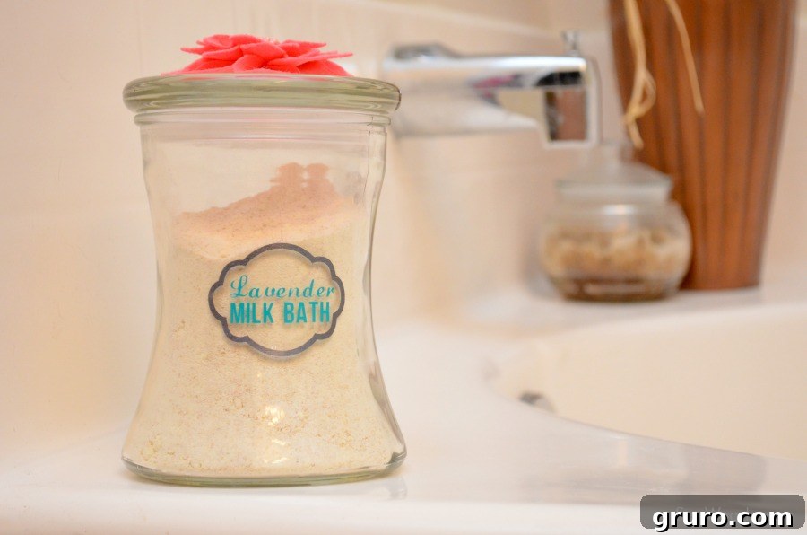 Craft a Custom Lavender Milk Bath 20 Close-up of DIY Lavender Milk Bath in a custom-labeled jar