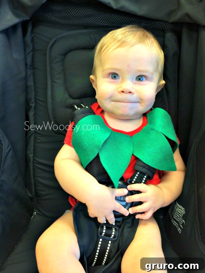 Completed DIY Infant Strawberry Costume worn by a baby