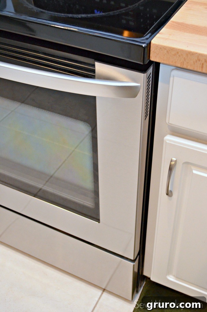 Cleaned stainless steel stove, now free of water spots and smudges after using Meister Cleaners.