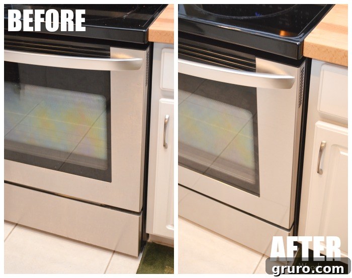Side-by-side comparison of a stainless steel stove before and after cleaning with Meister Cleaners, showcasing a dramatic improvement in shine.