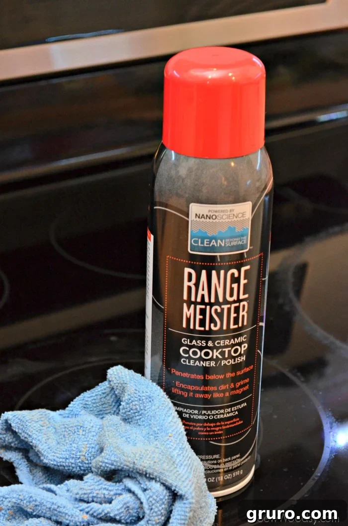 Range Meister for glass and ceramic cooktops, designed to remove tough stains and restore shine.