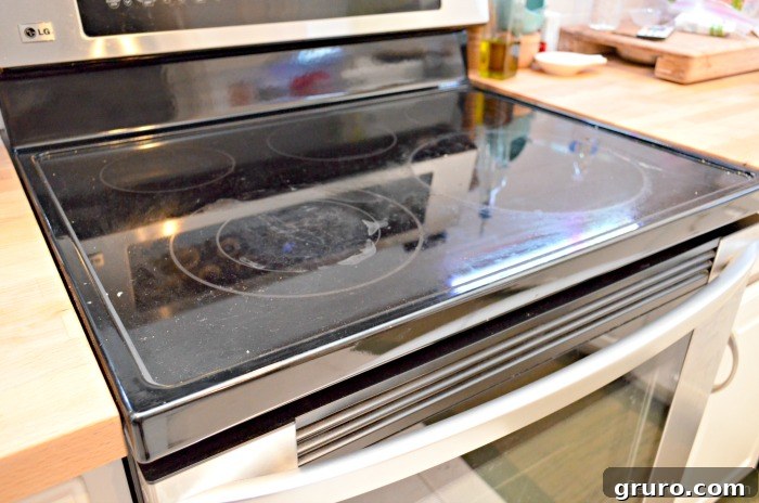 Before using Range Meister, a glass cooktop shows extensive dirt and cooked-on stains.