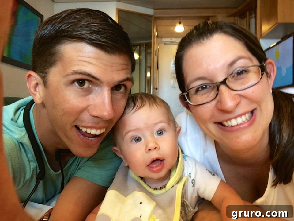 Tiny Traveler's Maiden Voyage 3 Infant Cruise Family Selfie: Happy Parents and Baby