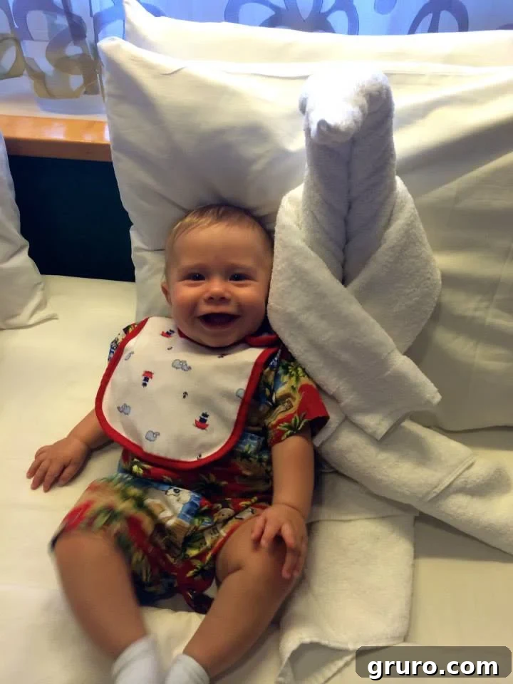 Tiny Traveler's Maiden Voyage 22 Infant with Towel Animal on Cruise Ship