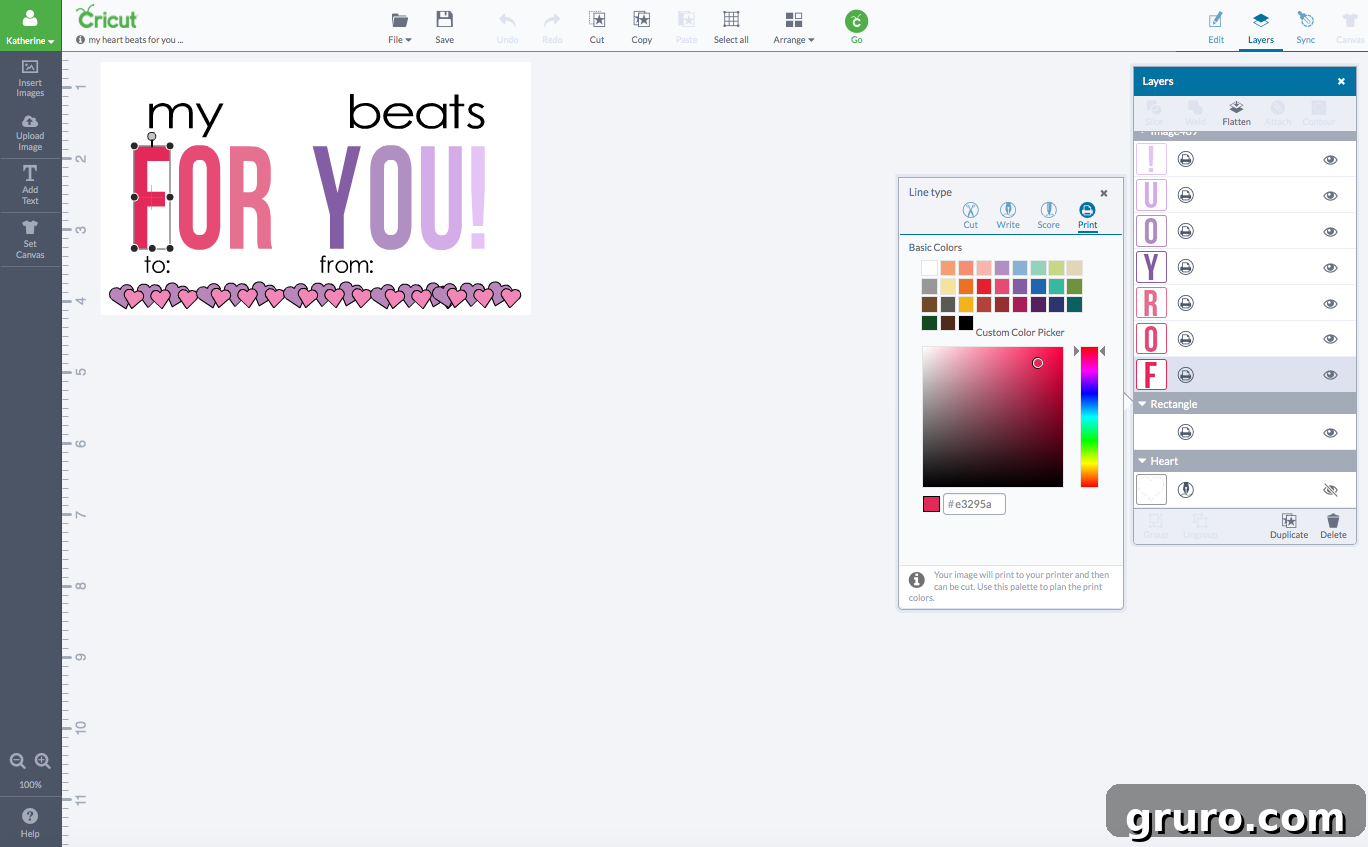 Pitter-Patter Valentine: Classroom Edition 3 Screenshot of the Valentine card design layout within Cricut Design Space, showing text and heart shape.