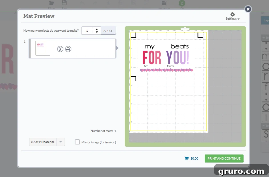 Pitter-Patter Valentine: Classroom Edition 4 Screenshot of the mat preview screen in Cricut Design Space, showing multiple Valentine cards arranged for cutting.