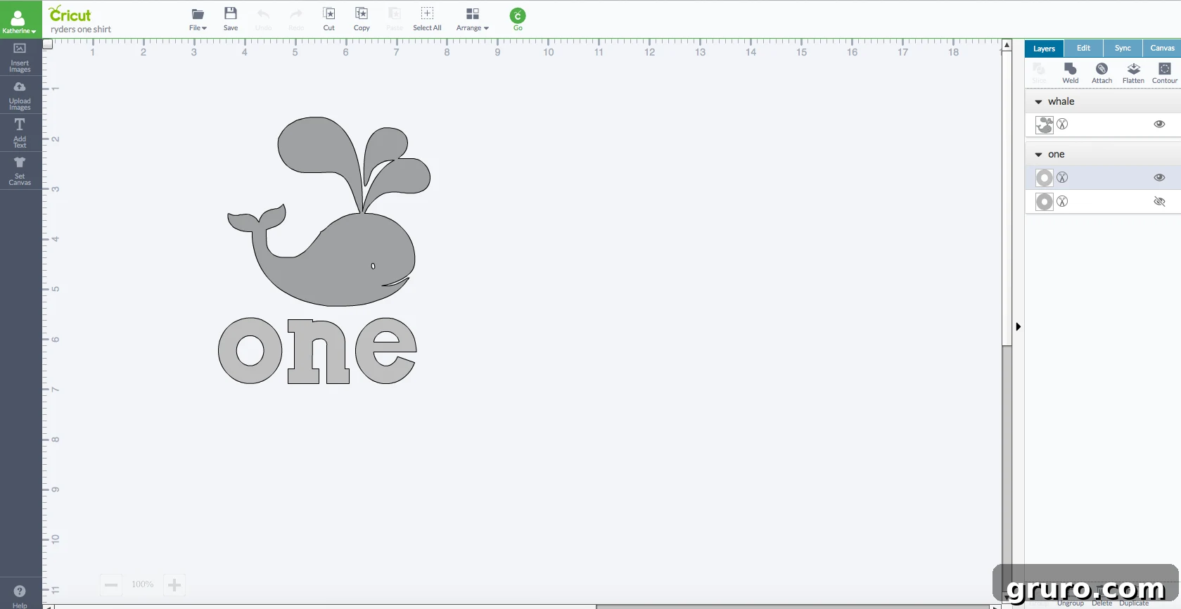 Cricut Design Space screenshot showing a custom 'ONE' design for a first birthday onesie