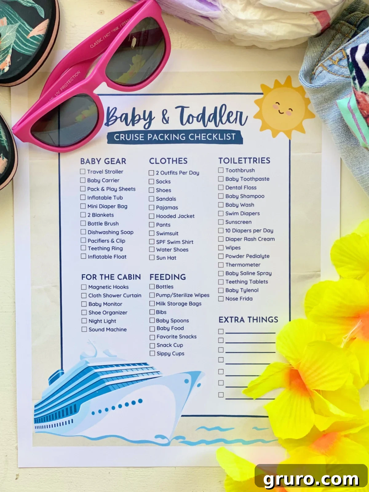 Paper packing list with pink sunglasses on top and yellow lei on the side, symbolizing a relaxing family cruise.