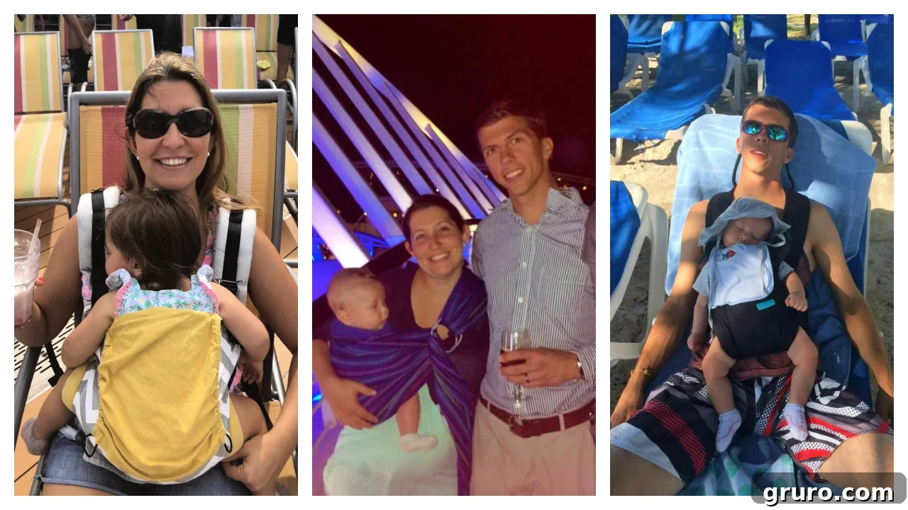 Parents wearing their babies in carriers on a cruise ship, illustrating ease of movement and comfort for naps.