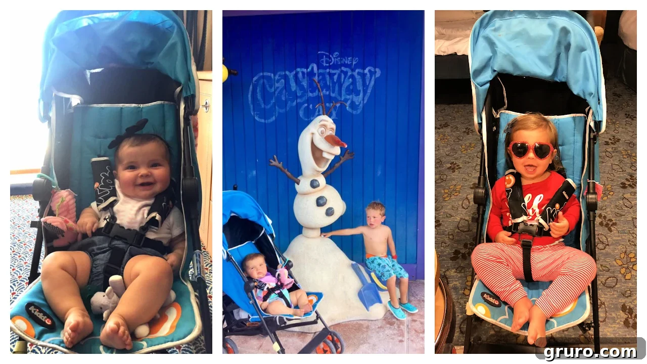Three different babies enjoying their ride in compact strollers on a cruise ship, demonstrating their utility.