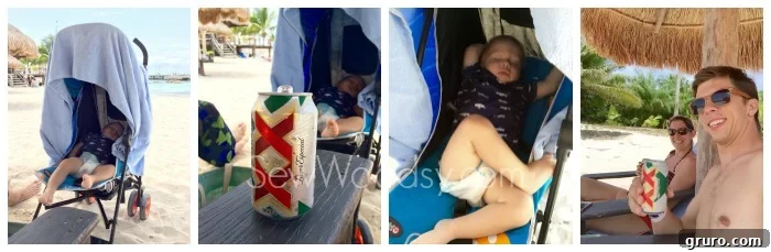 Baby sleeping peacefully in a stroller on a shaded beach in Mexico, while parents relax nearby.