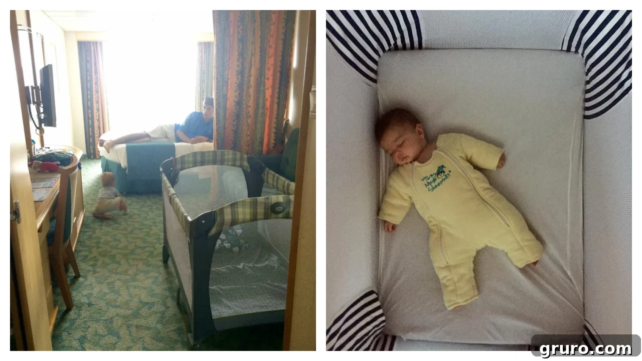 A pack and play set up in a cruise ship room, with another image of a baby sleeping soundly within, demonstrating comfortable sleep solutions.