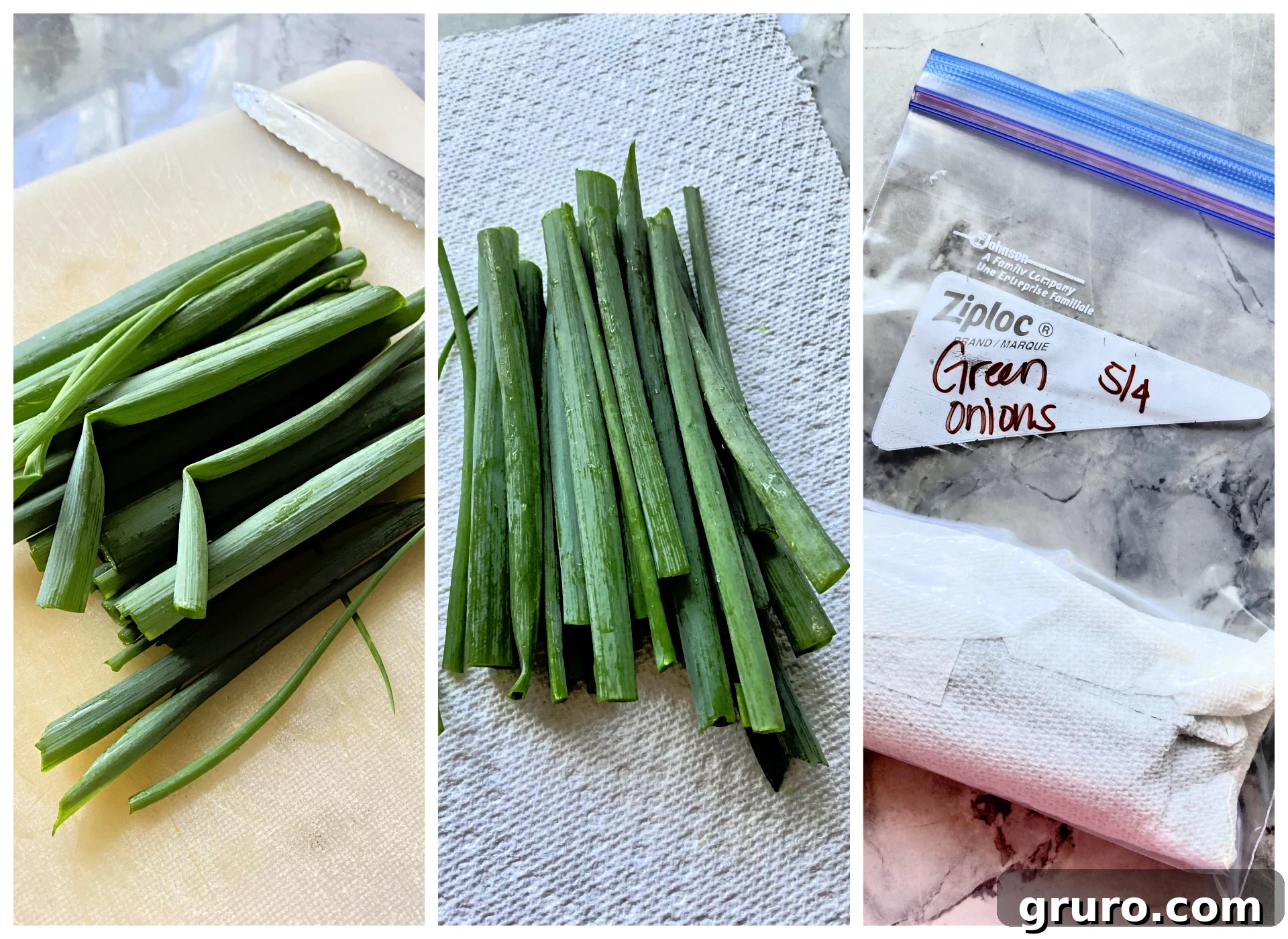 Three images showing how to store fresh green onions.