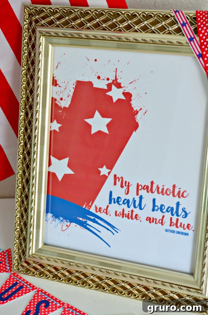 Stunning 'My Patriotic Heart Beats Red, White, and Blue' digital print for DIY 4th of July decorations